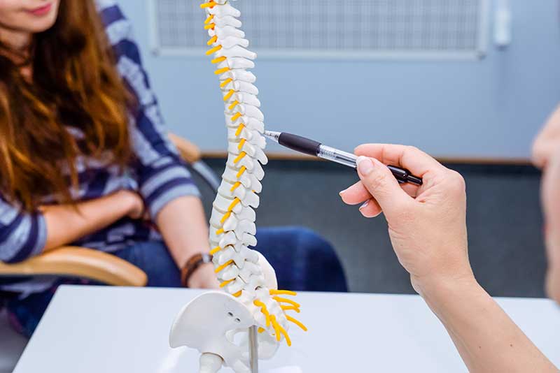 Doctor pointing at a model of the human spine while explaining treatment to a patient